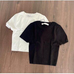 ZARA Knit Crop Top Set Black & White Ribbed Short Sleeve Tops Small
